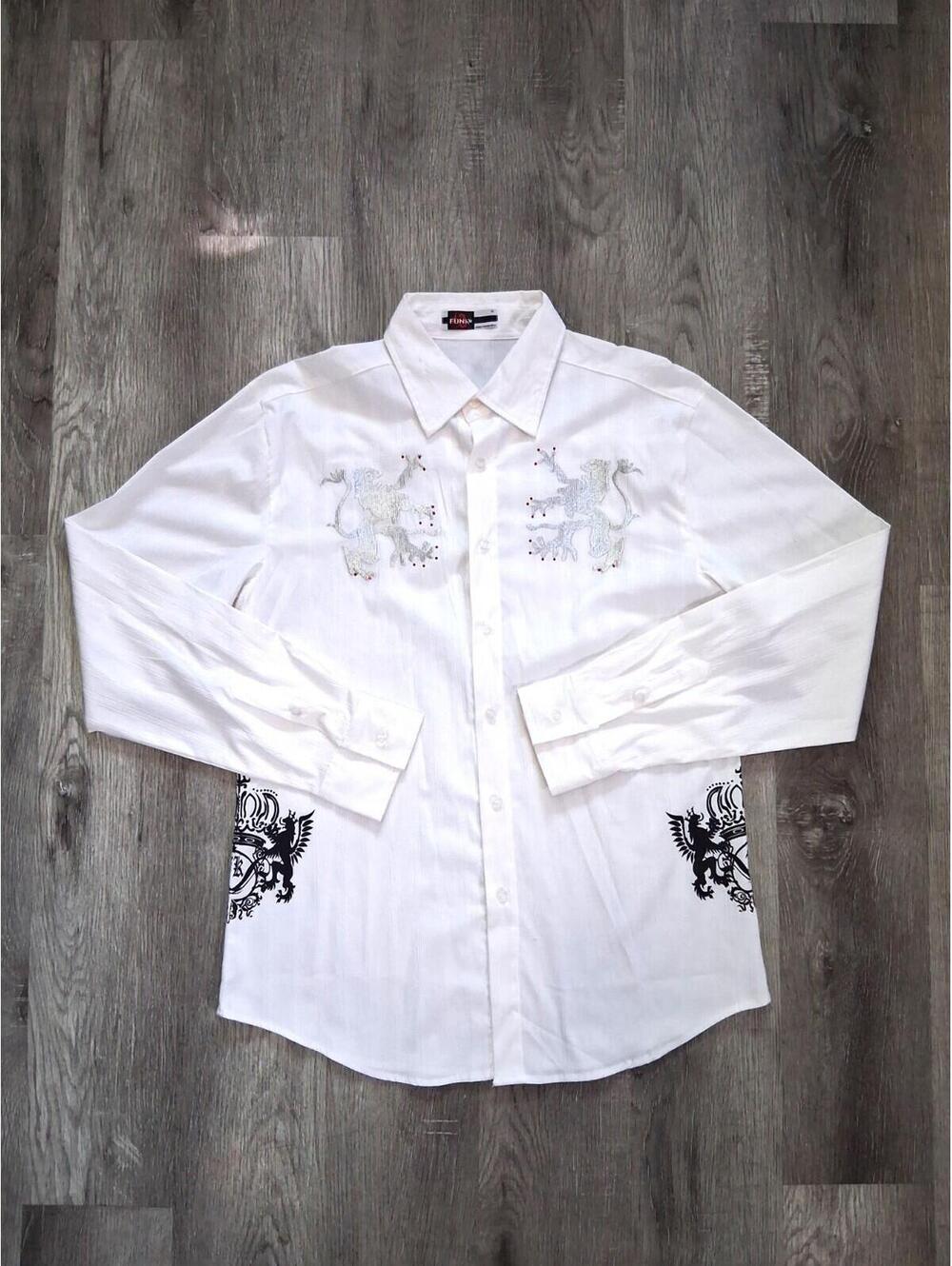 FUNK Men's XL White Embroidered Poly-Blend Long Sleeve Button Up Dress Shirt